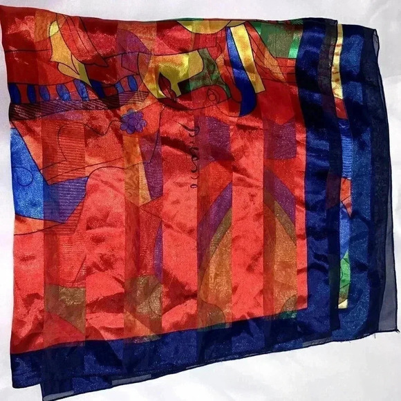 Vintage Picasso Silk retro Scarf Size 38 x 38 80s Pattern Art, y2k unisex scarf - Picture 5 of 7